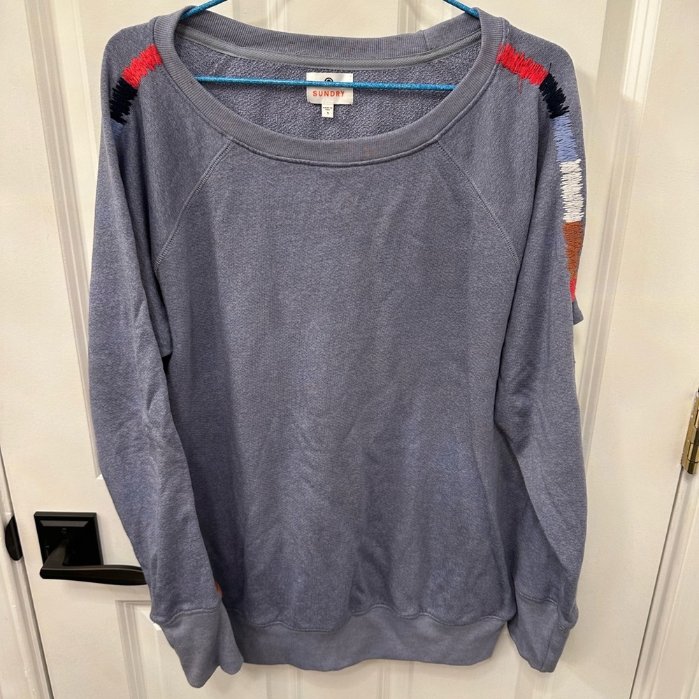 Sundry Raglan Blue Embroidered Pullover Crew Neck Sweatshirt